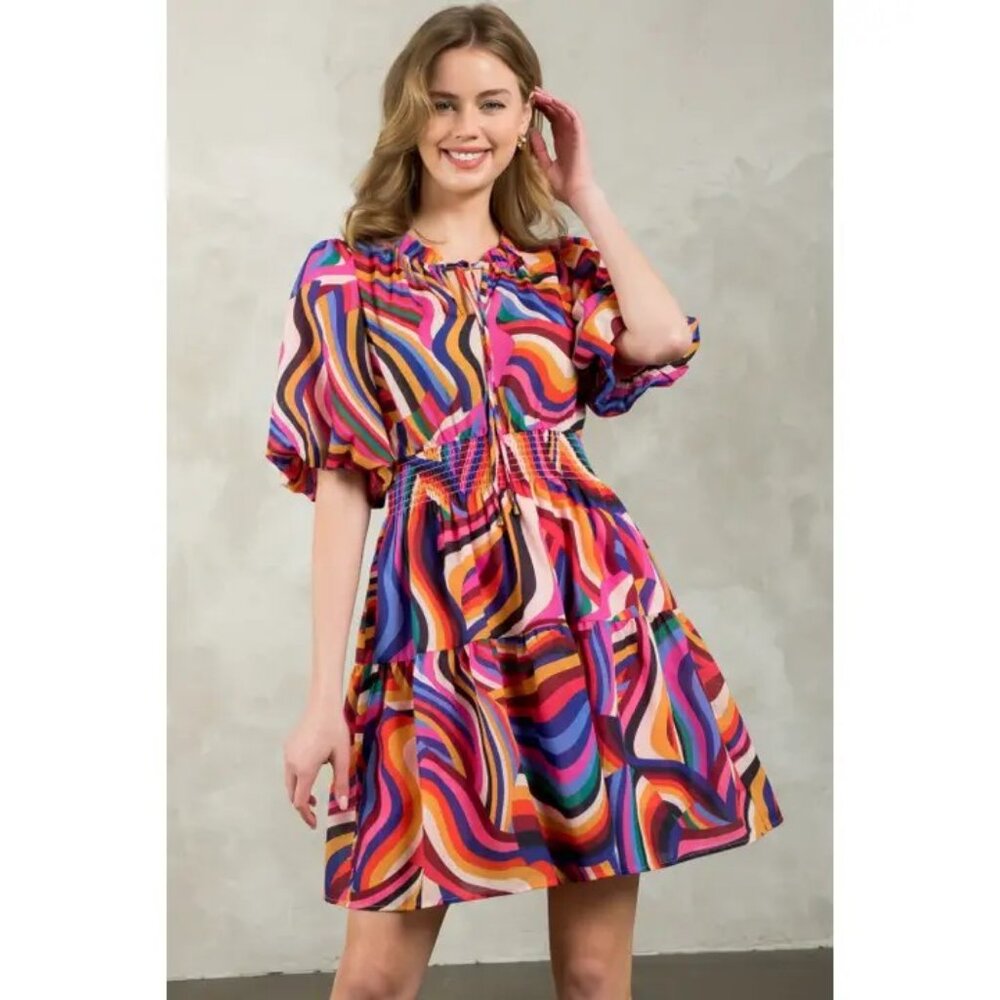 Retro THML Mini Dress M Swirl Print Smocked Waist Sz M Mod Dopamine Decor Cotton